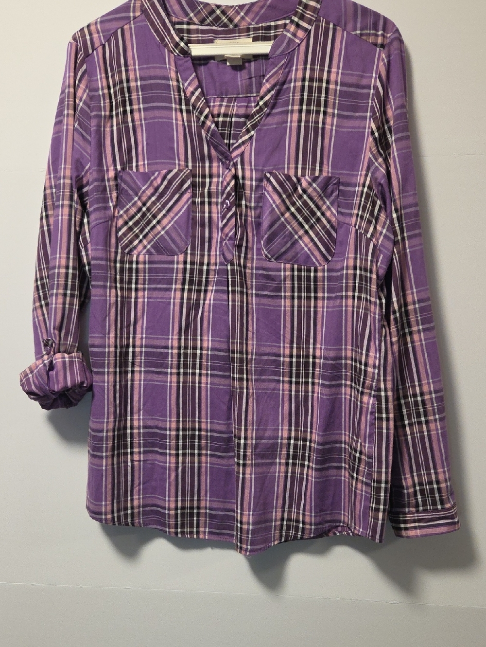 Weatherproof Vintage Purple Plaid Button Down Shirt Roll Tab Sleeve L